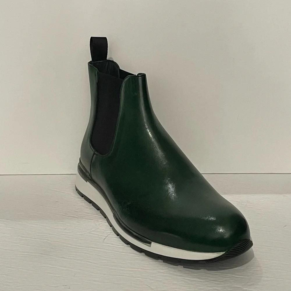 Duca boot slip on round toe green Atalian leather white bottom sole
